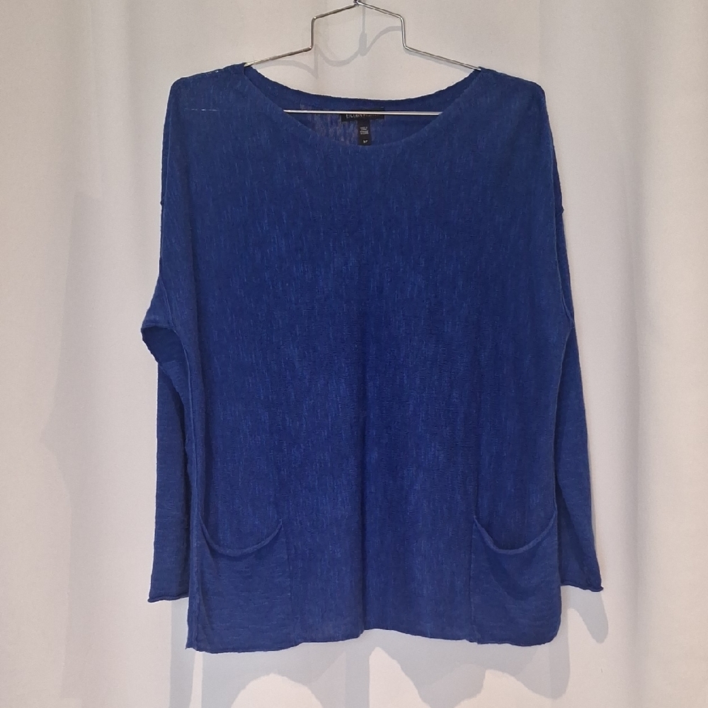 Eileen Fisher Royal Blue Knit Top with Scoop Neck Size S Organic Linen & Cotton